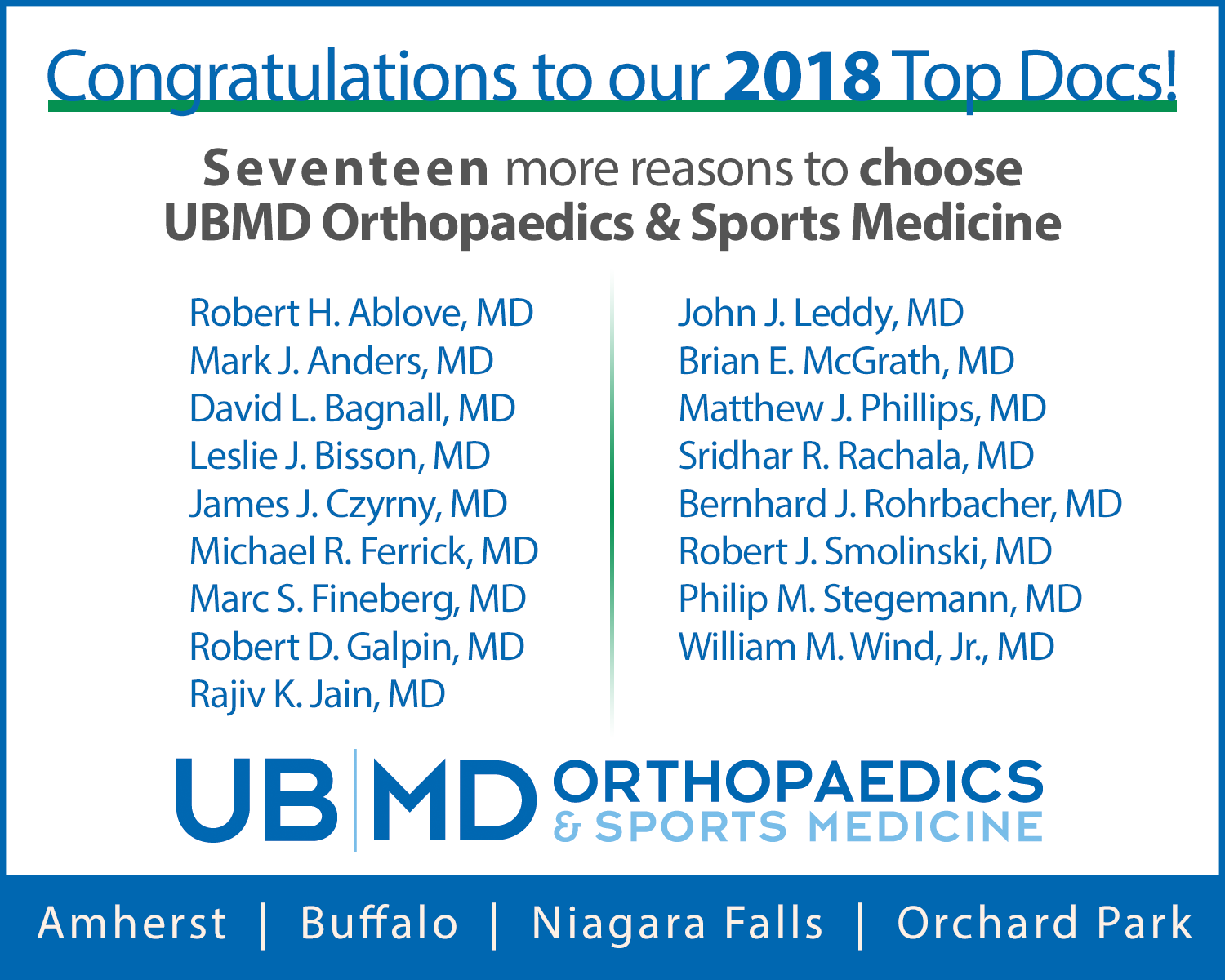 Seventeen UBMD Ortho Physicians Selected as Castle Connolly’s Top Docs