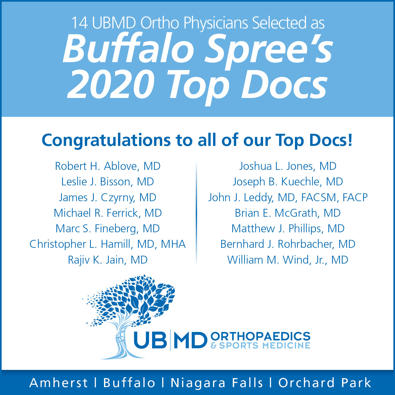 14 UBMD Ortho Physicians Selected as 2020 Buffalo Spree’s Top Docs