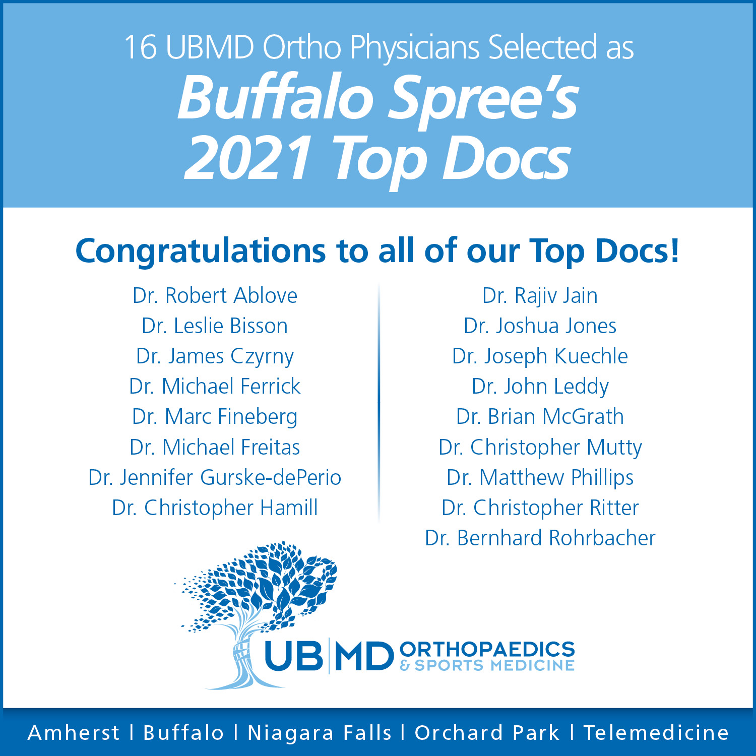 17 UBMD Ortho Physicians Selected as Buffalo Spree’s 2021 Top Docs